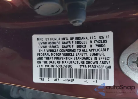 2012 Honda Civic Lx from USA, damaged, VIN 19XFB2F55CE058300